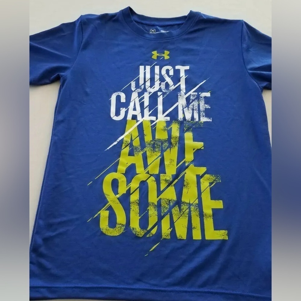 UNDER ARMOUR BOYS HEAT GEAR LOOSE  BLUE SHIRT YXL JUST CALL ME AWESOME